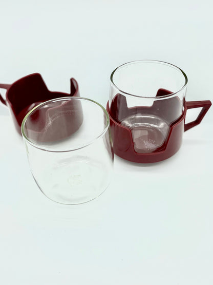 Pair of Retro JAJ glass cups with coloured holders