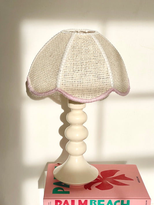 Hooped lamp with pink scalloped rattan shade