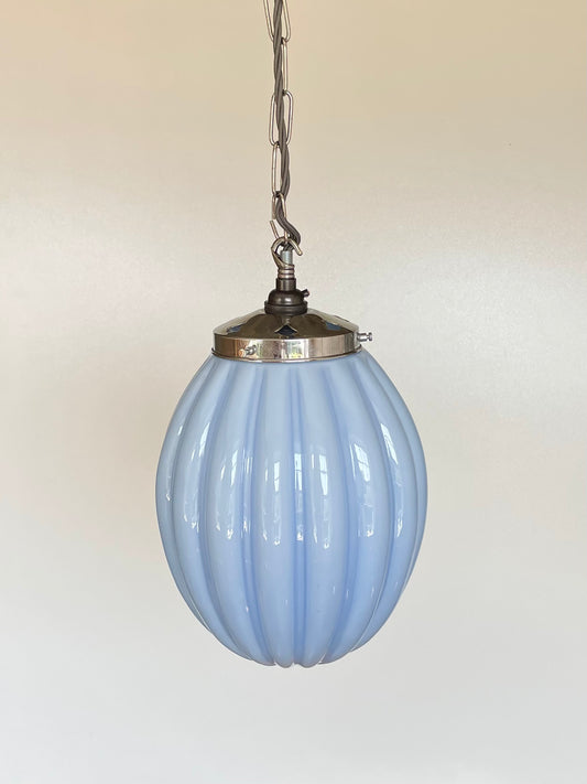 Large powder blue ribbed Art Deco ceiling light