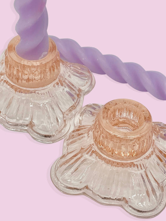 Pair of peachy pink glass candlestick holders