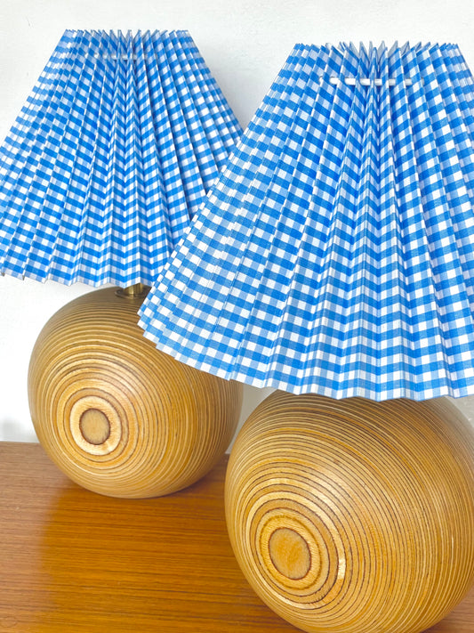 Mid-century mixed wood lamp with gingham shade