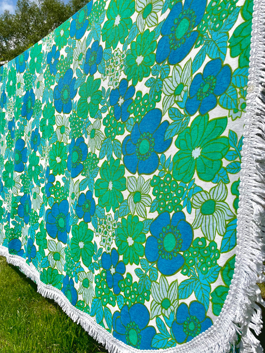 Large bright blue 70’s floral throw