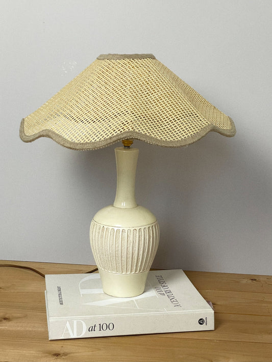 Heavy plaster lamp with scallop rattan shade