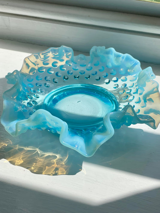 Fenton opalescent blue hobnail dish