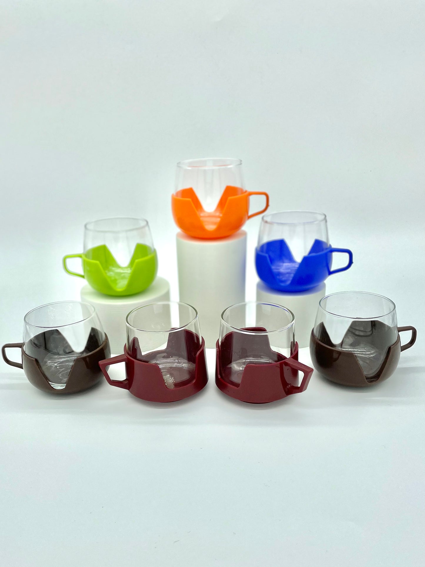 Pair of Retro JAJ glass cups with coloured holders