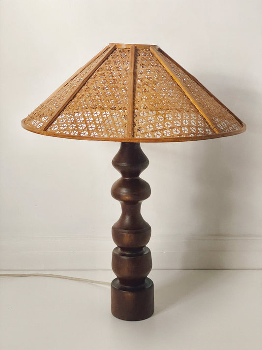 Scandi free form solid wood & rattan lamp