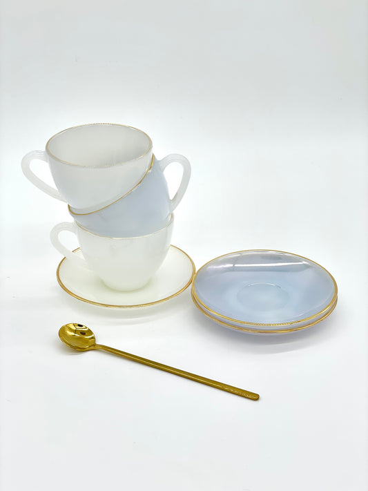 Set of 3 large Arcopal Harlequin cups with saucers