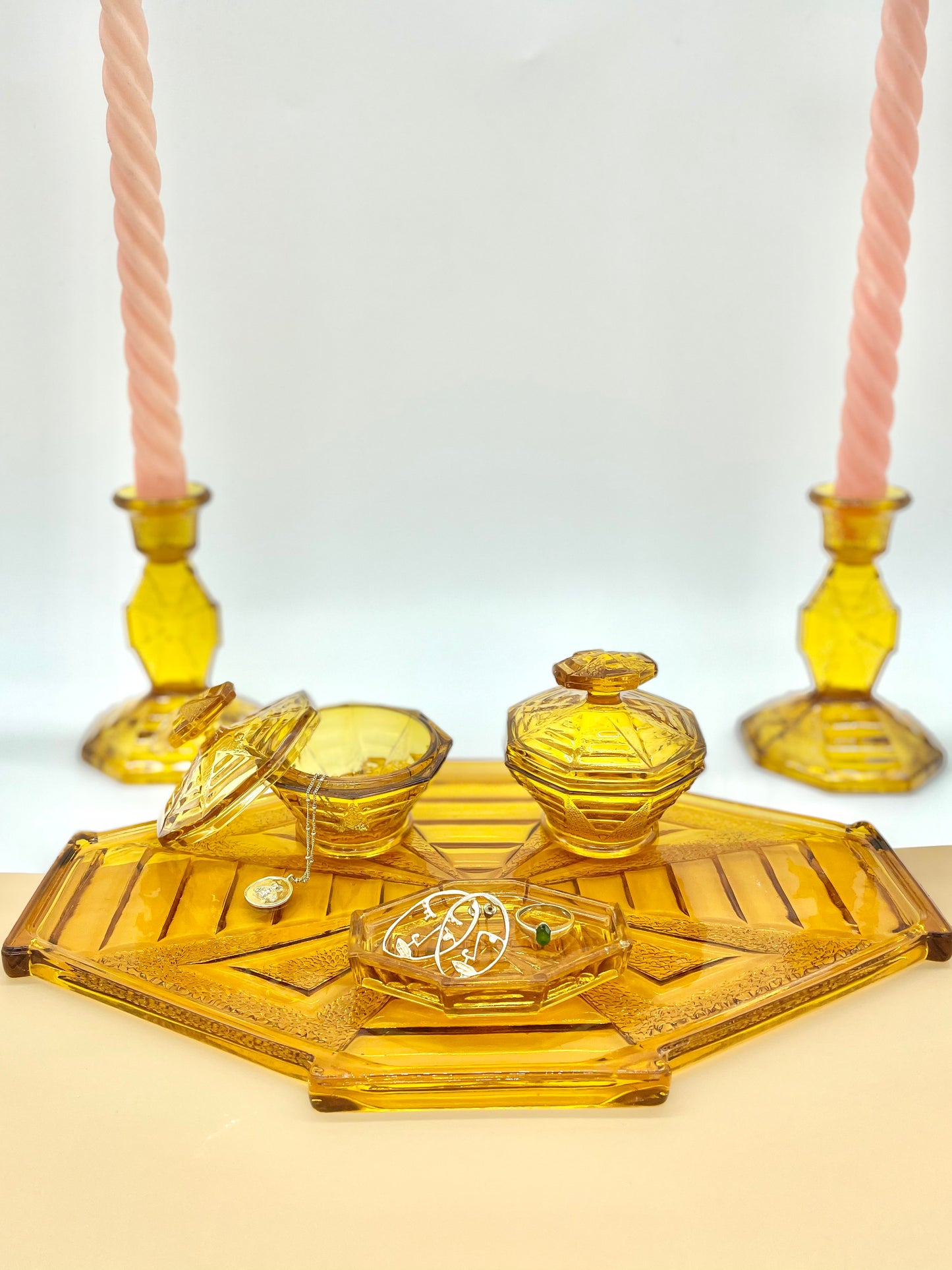 Pair of amber glass candlestick holders