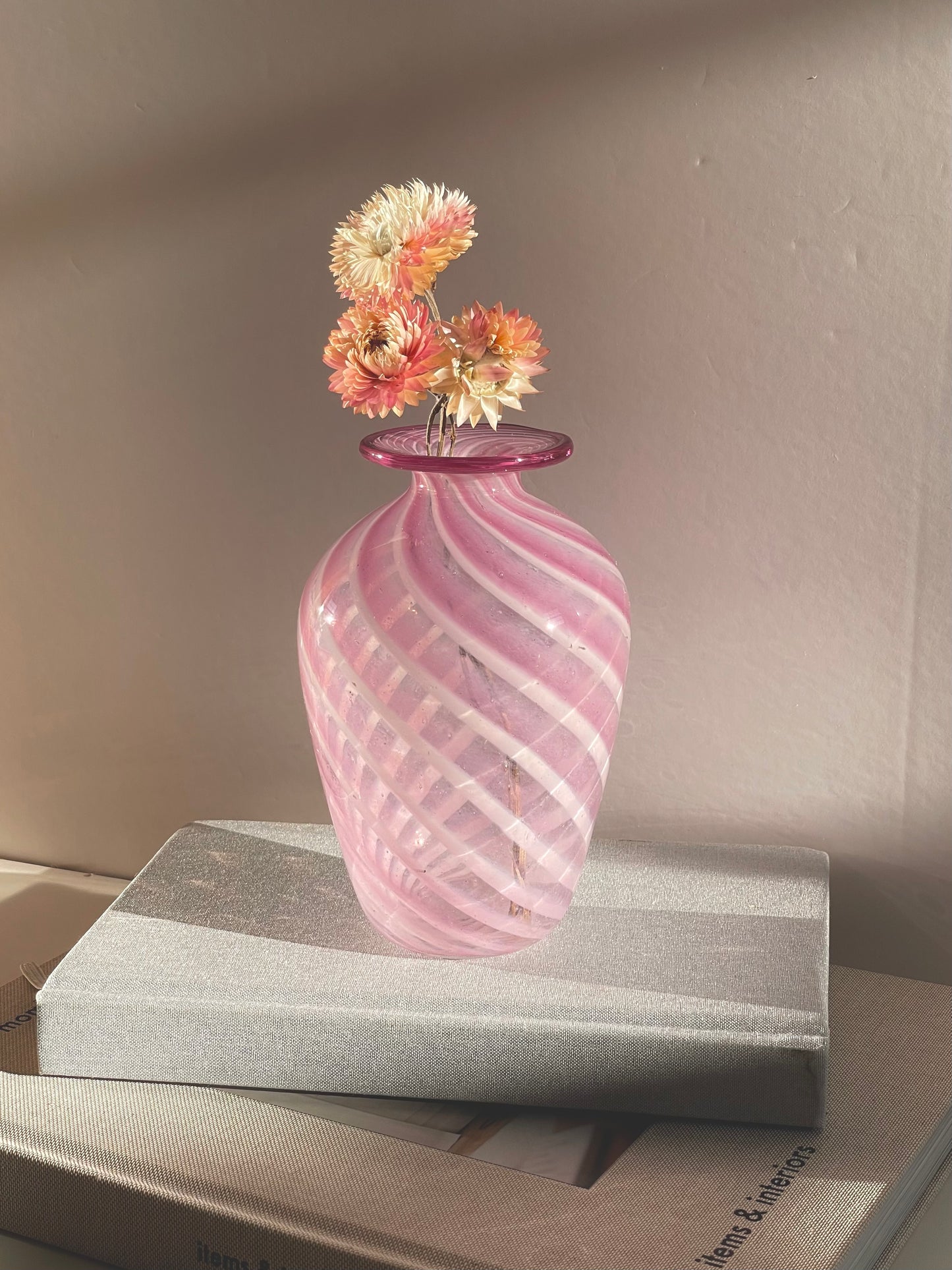 Pink hand blown swirl vase